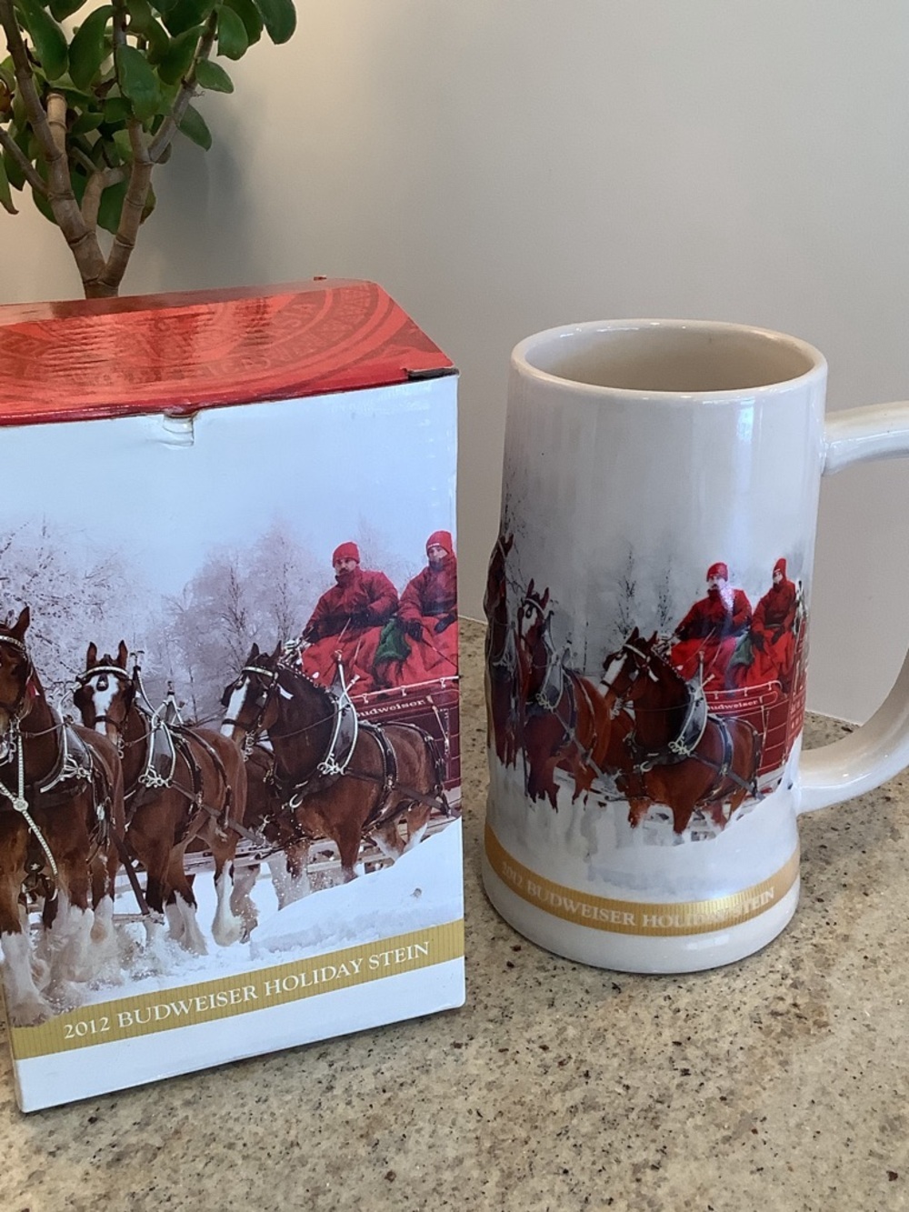 Budweiser White Ceramic Holiday Stein with Red and Brown Horses with Box